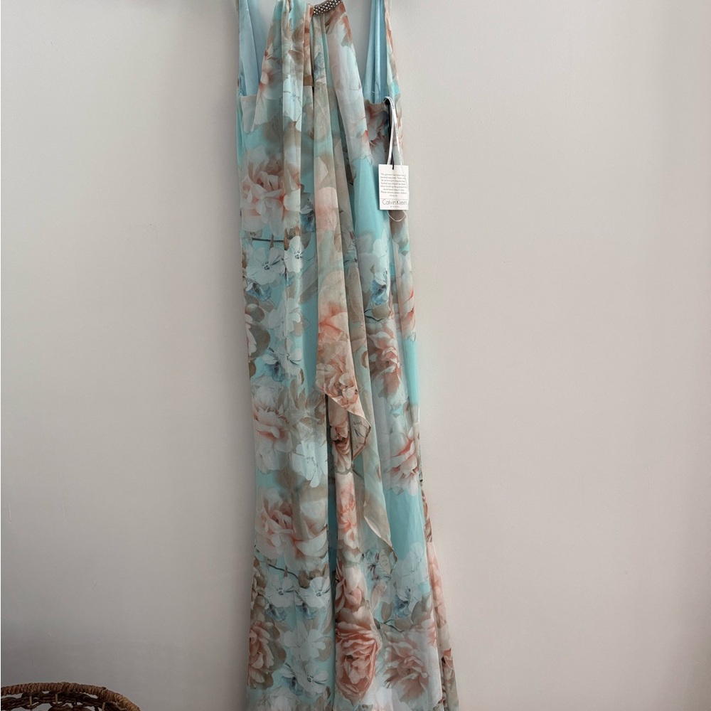 Calvin Klein Mint Blue and Blush Floral Chiffon Dress